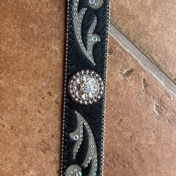 Nacona Black Calfskin Western Big Buckle Bling Belt w Rhinestones size M - Picture 10 of 13